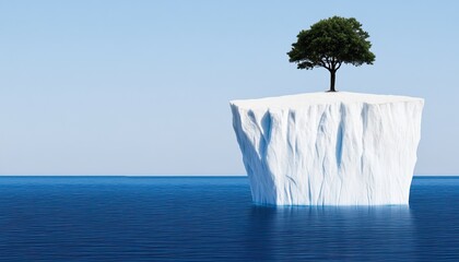 A solitary tree grows on a small iceberg, surrounded by calm blue waters, symbolizing nature's resilience amidst climate change.