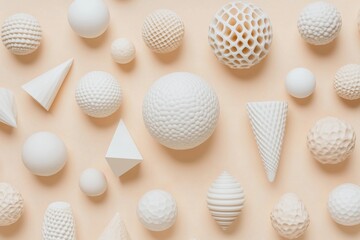 Fototapeta premium Spheres and Cones Arrange in Harmonious Symmetry on Soft Beige Background for a Modern Composition