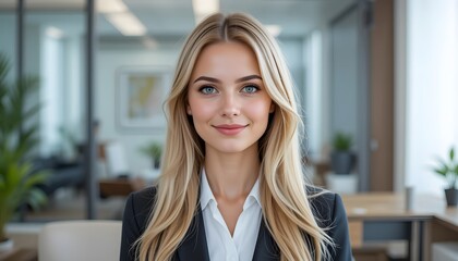 A businesswoman smiling in her office.