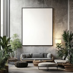 A large white wall with a black frame. A couch and a coffee table are in the room