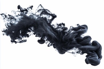 Elegant black ink gracefully swirls and drifts in clear water against a bright white background
