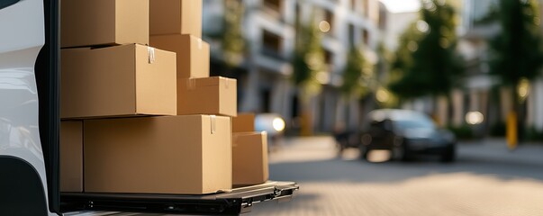A delivery van with stacked cardboard boxes parked on a city street, showcasing a bustling urban environment.