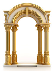 Fototapeta premium Elegant golden archway with intricate details and supporting columns creates a majestic frame against a white background