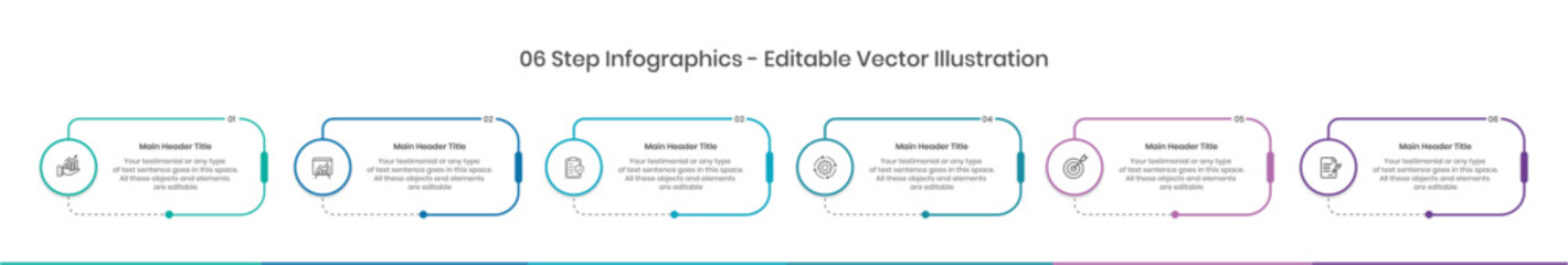6 Steps Infographics Design Template - Graph, Pie chart, workflow layout, rectangle diagram, brochure, report, presentation, web design Editable Vector illustration