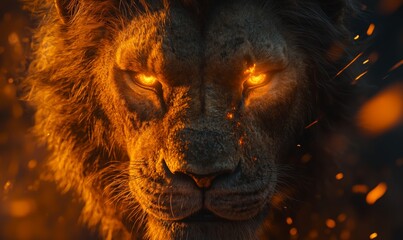 Fierce Lion Staring Intently with Fiery Eyes and Spark Effects