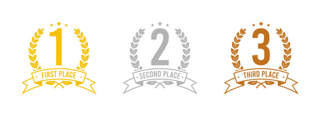 Winning places icons with wreath frame, ribbon and stars. Award symbol - 1, 2 and 3 place. Golden, silver and bronze laurel wreaths with first, second and third place text. Vector.