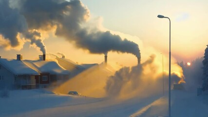 Winter cityscape, smoke from chimneys and sunrise in cold frosty morning with snow-covered houses. Atmospheric urban scene, pollution and frozen streets in cold climate with warm light - Powered by Adobe