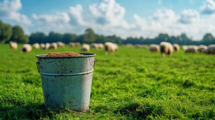 Sheep feed bucket placed on grass with sheep grazing under clear blue sky