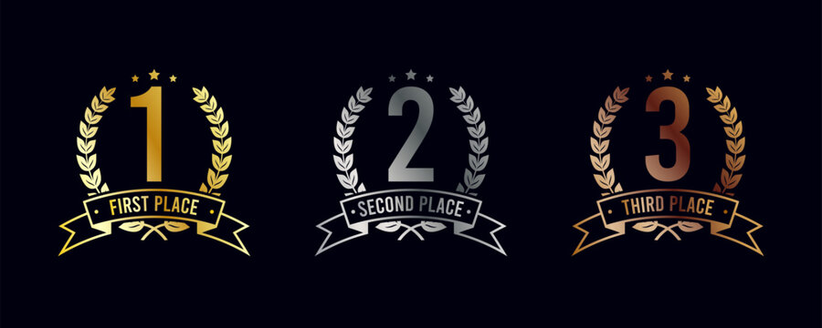 Winning places banners. Award symbol - 1, 2 and 3 place. Shiny metallic golden, silver and bronze laurel wreath frames, ribbon and stars with first, second and third place text. Vector.