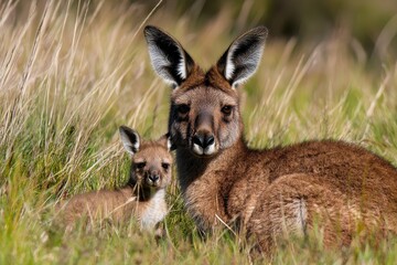 Fototapeta premium Kangaroo and Joey in Grassy Field, a tender moment captured in bright daylight, showcasing the bond between mother and child in nature.