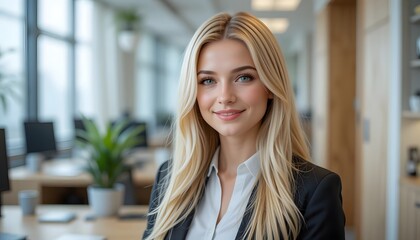 Fototapeta premium Smiling young businesswoman stands outside the office.