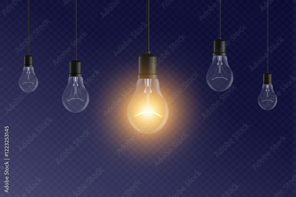 Poster realistic hanging light bulbs with one glowing. many electric extinct light bulbs and one glowing. c