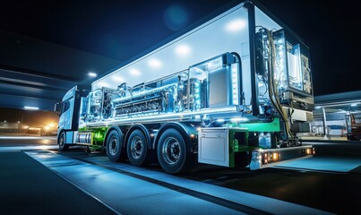 High-tech illuminated truck showcasing advanced machinery and equipment at night, featuring vibrant LED lights and modern design elements