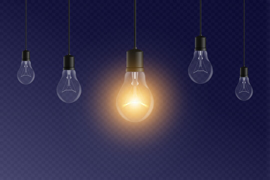 Realistic hanging light bulbs with one glowing. Many electric extinct light bulbs and one glowing. Concept of idea and choosing successful idea from many failed ones. Vector.