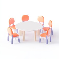 Fototapeta premium A colorful children's table and chair set featuring a round table with six matching chairs.