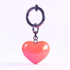 A vibrant red heart pendant hanging from a black metal ring, set against a light background, symbolizing love and affection.