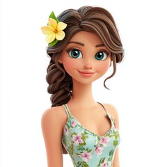 Naklejka premium 3D icon cartoon of a young woman in a summer dress with a flower in her hair, isolated on a white background --quality 2