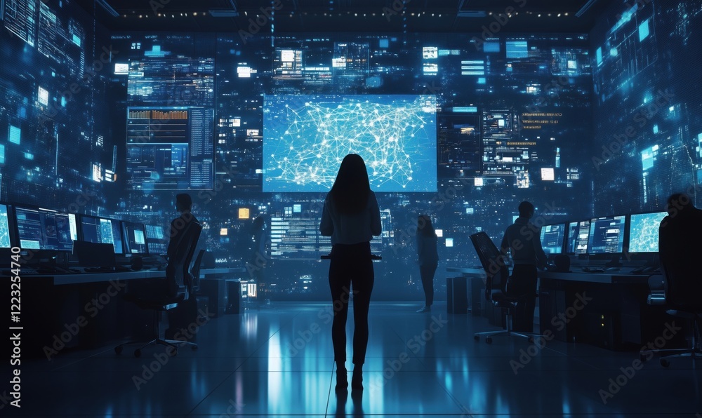 Poster futuristic control room with advanced technology and data visualization, featuring multiple screens 