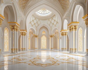 Grand opulent palace hall with arched ceilings, gold accents, and marble floor.