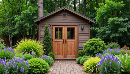 Charming wooden garden shed surrounded by vibrant plants and flowers in a lush green landscape with copy space
