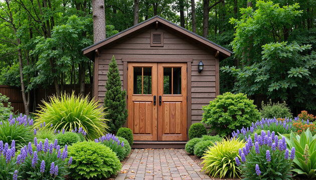 Charming wooden garden shed surrounded by vibrant plants and flowers in a lush green landscape with copy space