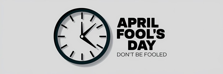 A creative minimalist April Fool's Day poster design with a paper cut out theme. The poster features a large clock with hands pointing to 12:01. Above the clock, the text "April Fool's Day" is written