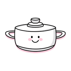 Cute outline kawaii character pot for cooking. Happy joyful pan with smiling face. Vector illustration, icon isolated on white background
