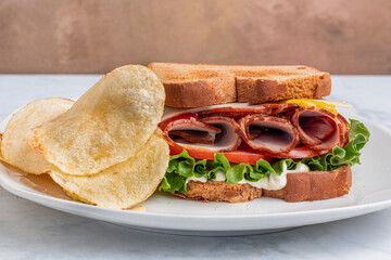 toasted ham sandwich  with potato chips