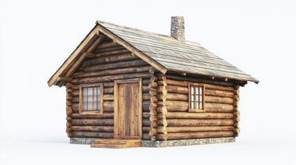 Rustic Log Cabin with Stone Chimney and Wooden Door