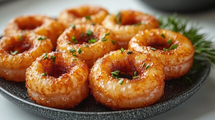 Delicious golden-brown calamari rings arranged neatly on a bright surface