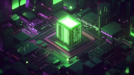 Futuristic neon green microchip in high-tech cityscape