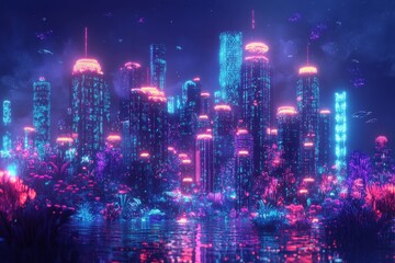 Fototapeta premium Neon Cityscape Illuminated at Night Surrounded by Bioluminescent Flora