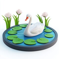 Obraz premium 3D icon cartoon lake with a floating swan, surrounded by lilypads, isolated on a white background -