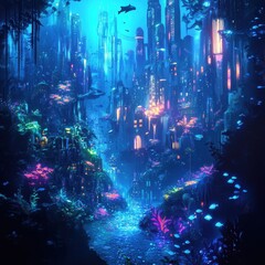 Obraz premium An Underwater City Illuminated By Bioluminescent Flora