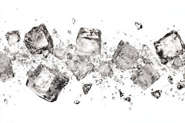 Ice cubes splashing in water, bubbles bursting.