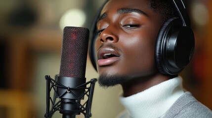 African-American male singer recording into a microphone in professional studio.