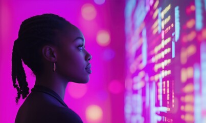 Woman gazing at vibrant digital display, illuminated colors, technology, innovation, profile view, modern aesthetics, futuristic atmosphere