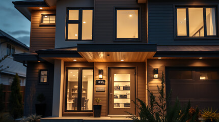 Luxury Modern Home Exterior at Night.  Stunning contemporary architecture, illuminated facade, and beautiful landscaping. Perfect for real estate listings and architectural showcases.