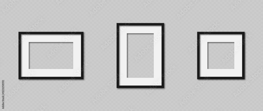 Poster Photo or picture frame set. Realistic black rectangular picture frames mockup with shadow isolated on transparent background. Vector.