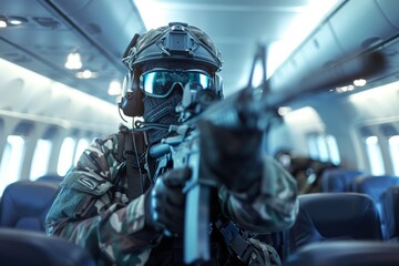 Armed man in camouflage uniform holding hostages in aircraft cabin with kalashnikov assault rifle