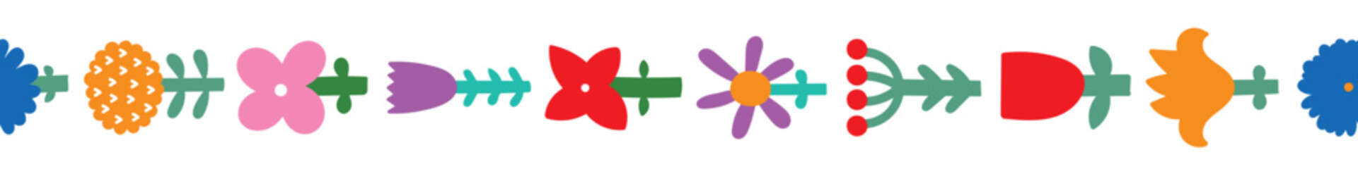 Horizontal banner or floral backdrop decorated with  blooming flowers and leaves border. Summer botanical flat vector illustration on white background