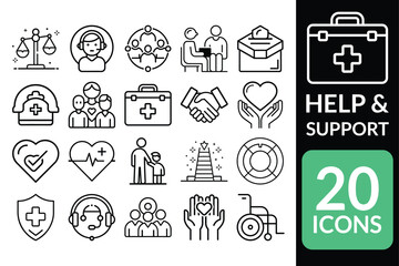 Comprehensive Help and Support Icons Pack - 20 Outline Art Symbols for Medical and Care Needs