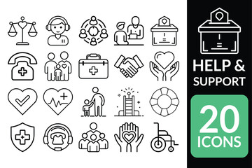 Help and Support Icons Collection - 20 Line Art Outline Designs for Health, Care, and Assistance