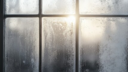 Frosted window with sunlight streaming through glass panels