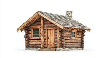 Rustic Log Cabin with Stone Chimney and Wood Door