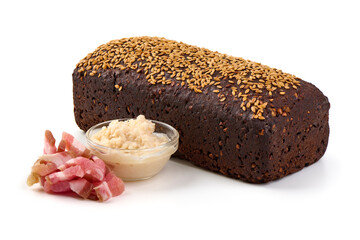 Slices of Bacon with Rye Bread isolated on white background.