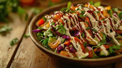 A close-up of a fresh, colorful salad on a rustic wooden table, various vegetables, herbs, and dressing drizzled over the top