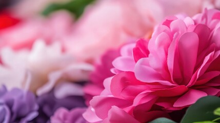 Beautiful Close-Up of Colorful Fabric Flowers in Various Shades and Textures