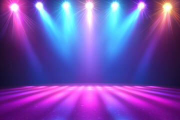 Stage lighting: vibrant pink and blue beams illuminate a dark floor.