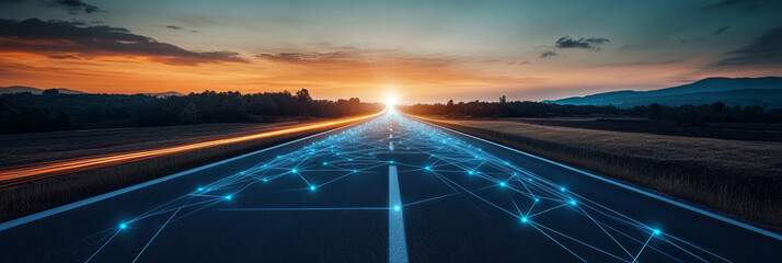 Sunset road ahead, glowing network lines illuminate the path to the future.